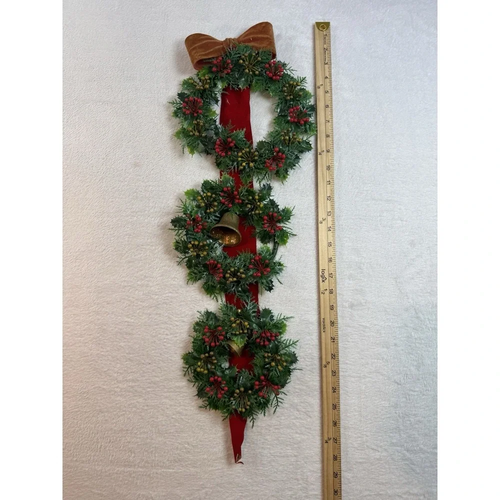 Vintage Plastic Triple Christmas Wreath with Bells on Flocked Red Velvet Ribbon